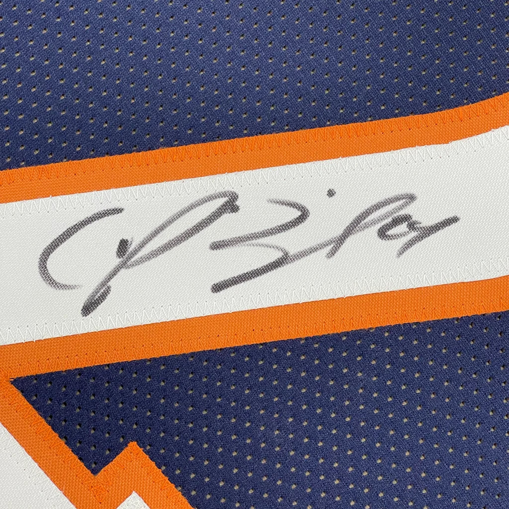 Autographed navy blue Broncos jersey with orange and white trim displayed with action photos