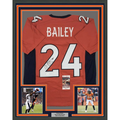 Framed signed Denver Broncos Bailey #24 football jersey with photos for wall display