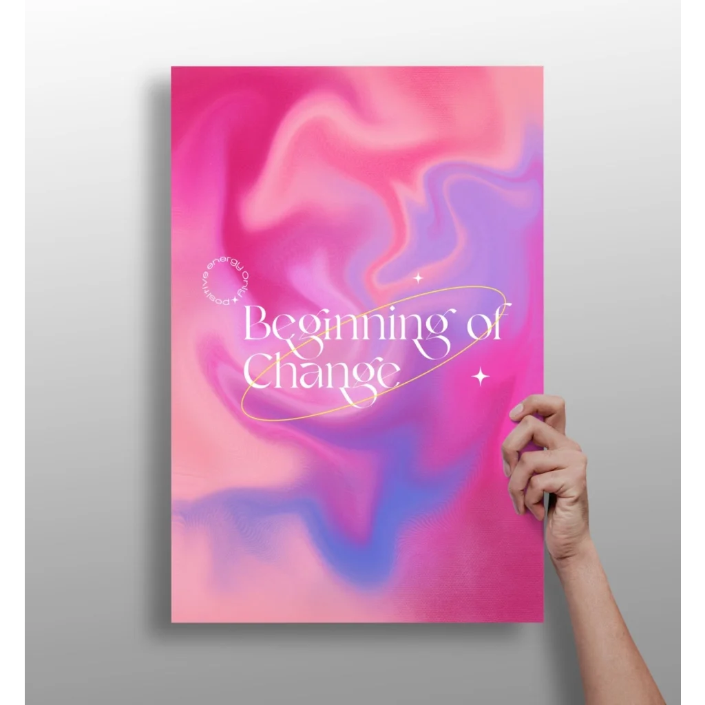 Vibrant pink purple galaxy insigne aluminum print with Beginning of Change text