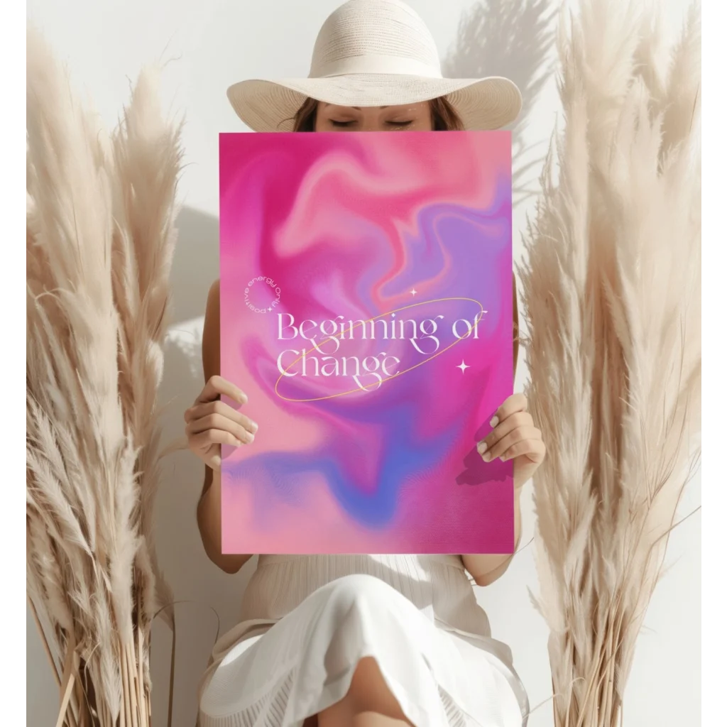 Vibrant pink purple galaxy insigne aluminum print with Beginning of Change text