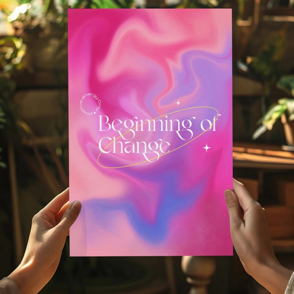 Vibrant pink purple galaxy insigne aluminum print with Beginning of Change text