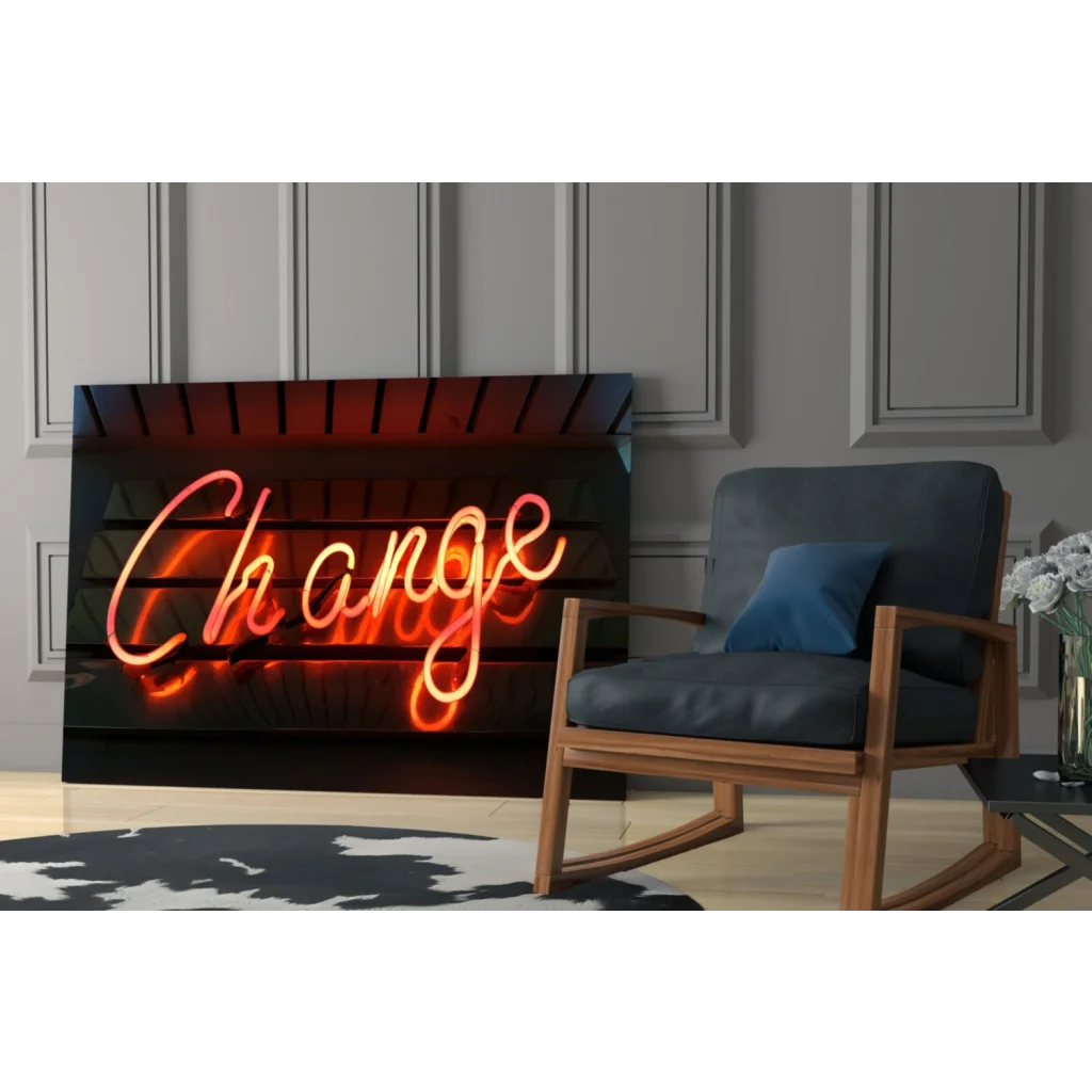Glowing neon Change sign in orange pink glass wall art decor