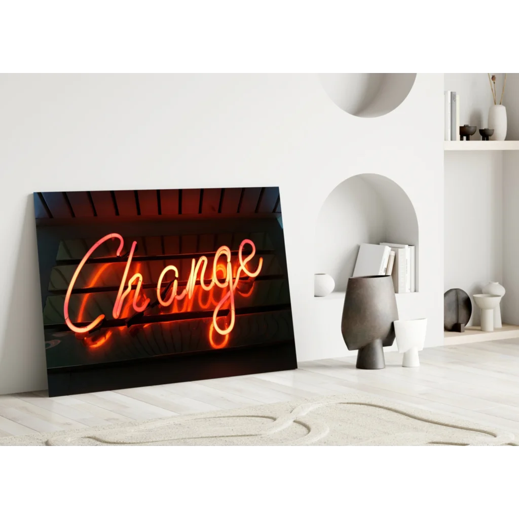 Glowing neon Change sign in orange pink glass wall art decor