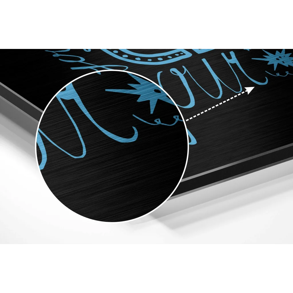 glass wall art Stunning brushed aluminium dibond wall art with black frame, teal cursive script, starbursts