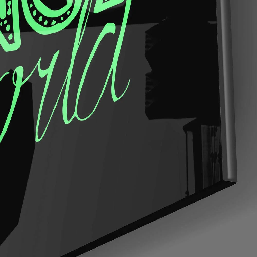 Sleek neon green world glass wall art mirror that glows