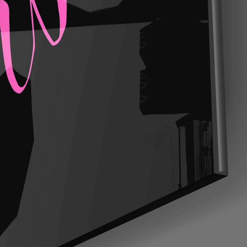 Sleek black-framed pink neon glass wall art with glitter accents