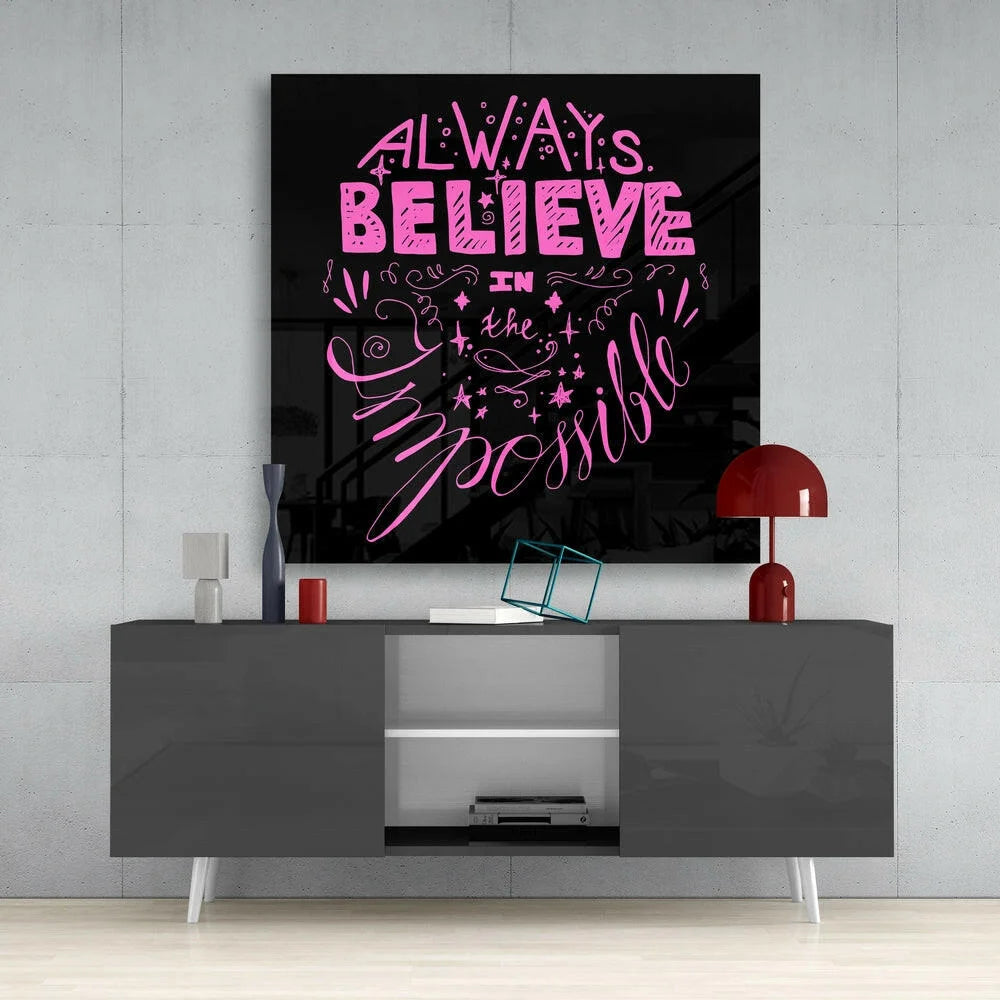 Pink motivational glass wall art with impossible quote and glitter accents