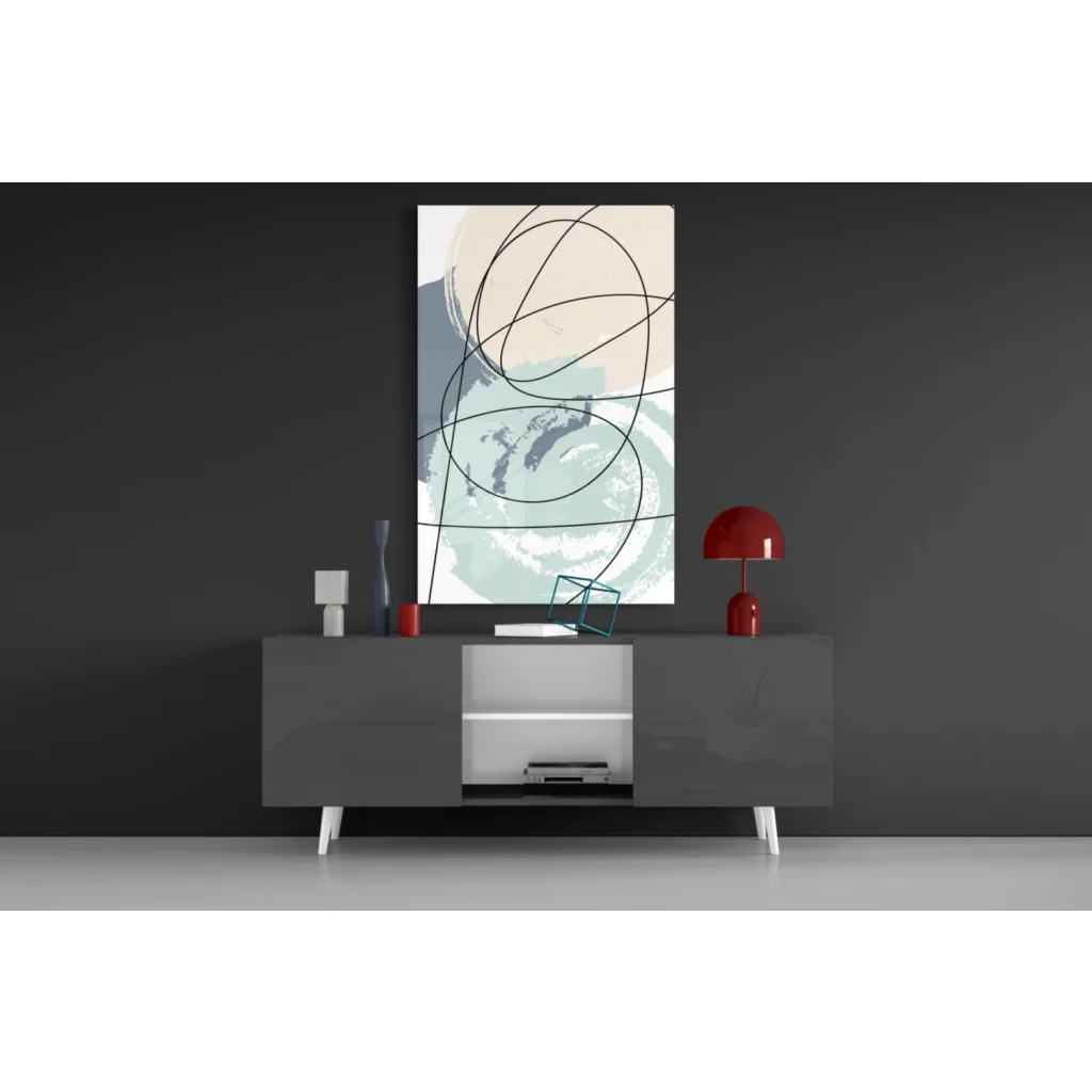 Modern abstract wall art canvas with swirling black lines on beige teal background