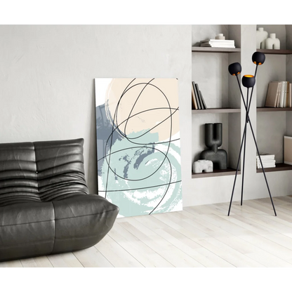 Modern abstract wall art canvas with black lines on beige mint green