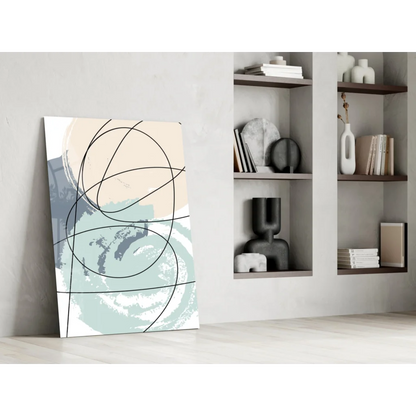 Modern abstract wall art canvas with beige, teal, gray strokes and black circles