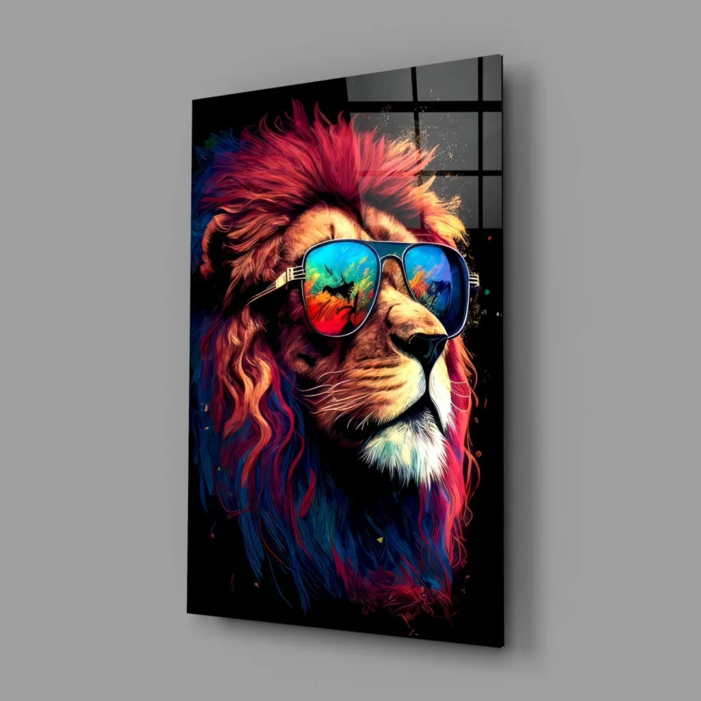 Vibrant fiery mane lion in reflective sunglasses on rainbow glass wall art