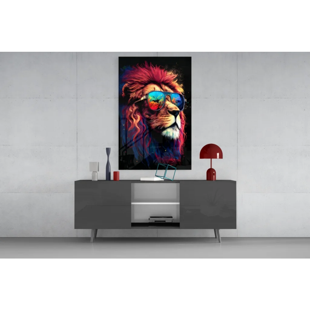 Vibrant rainbow lion glass wall art with fiery mane and sunglasses