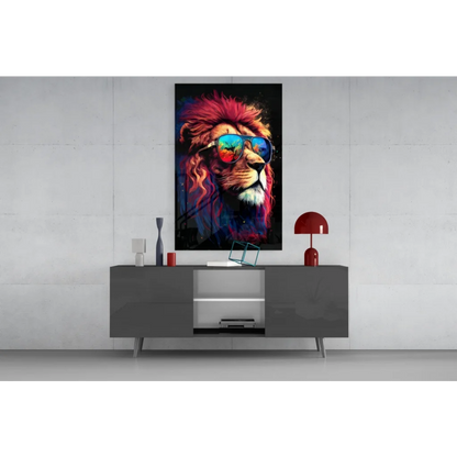 Vibrant rainbow lion glass wall art with fiery mane and sunglasses