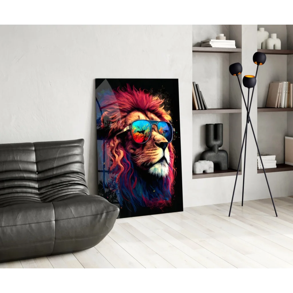 Vibrant rainbow lion glass wall art with fiery mane and sunglasses
