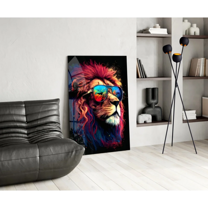 Vibrant rainbow lion glass wall art with fiery mane and sunglasses