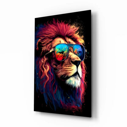 Vibrant rainbow lion glass wall art with fiery red mane and reflective sunglasses