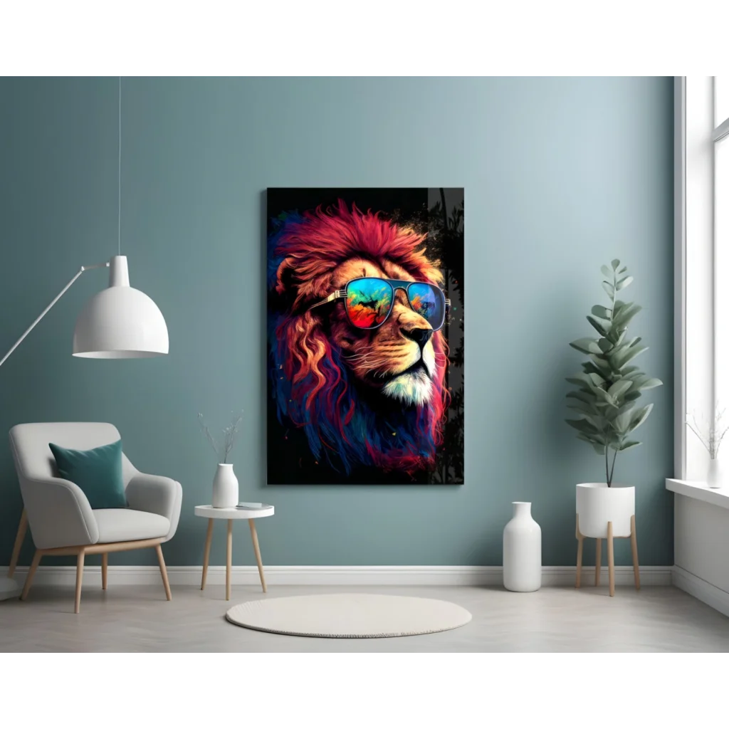 Vibrant rainbow lion glass wall art with fiery mane on black background