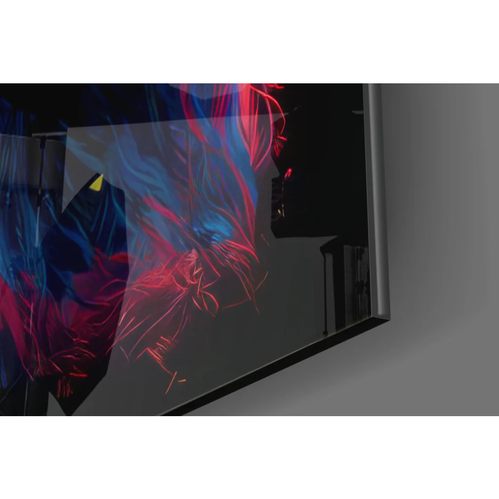 Vibrant Rainbow Lion glass wall art with fiery mane in red and blue hues