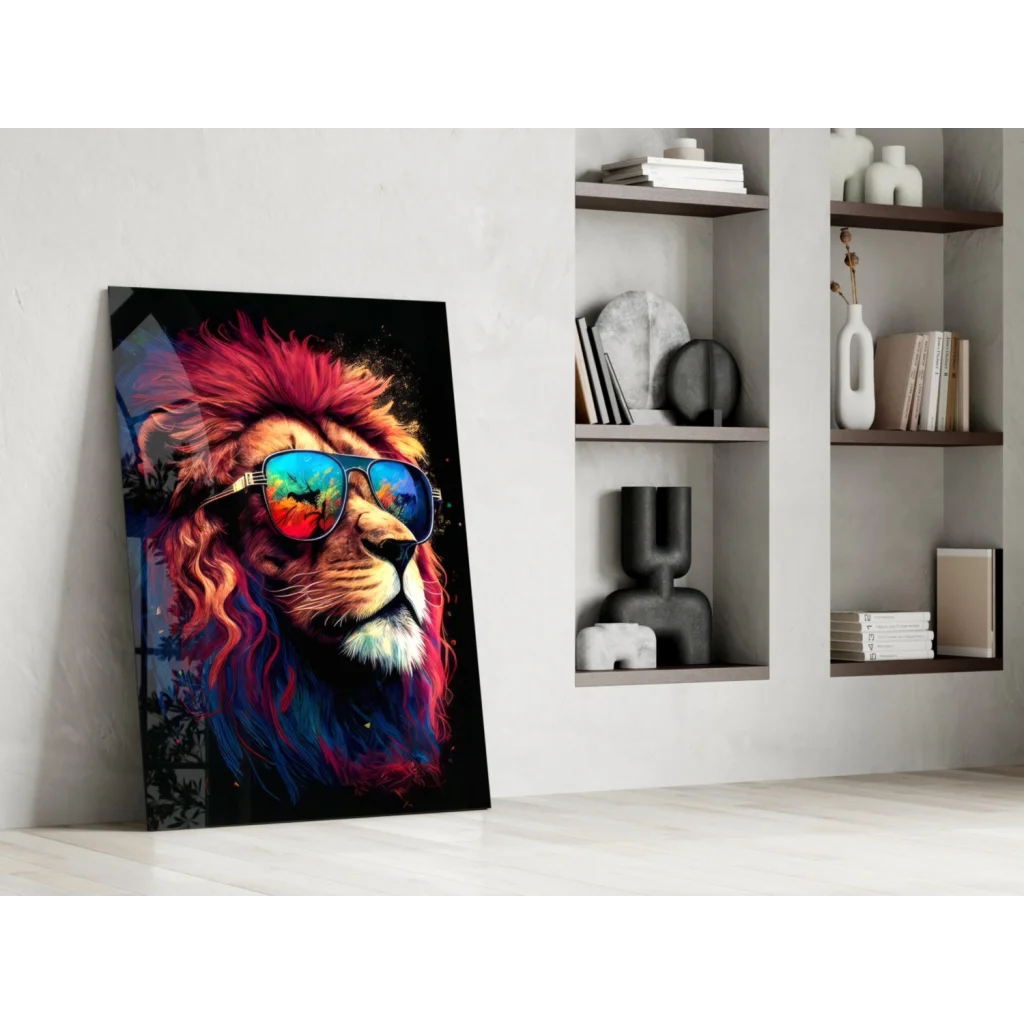 Rainbow lion glass wall art with fiery mane and vibrant sunglasses