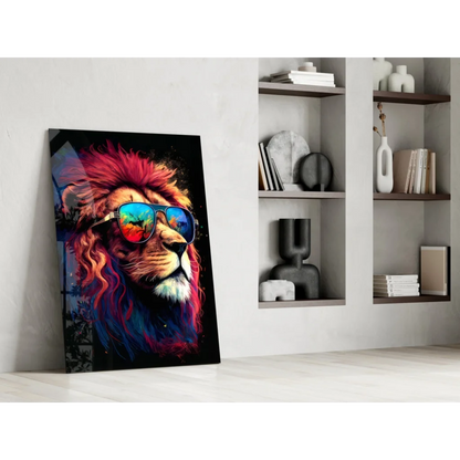 Rainbow lion glass wall art with fiery mane and vibrant sunglasses