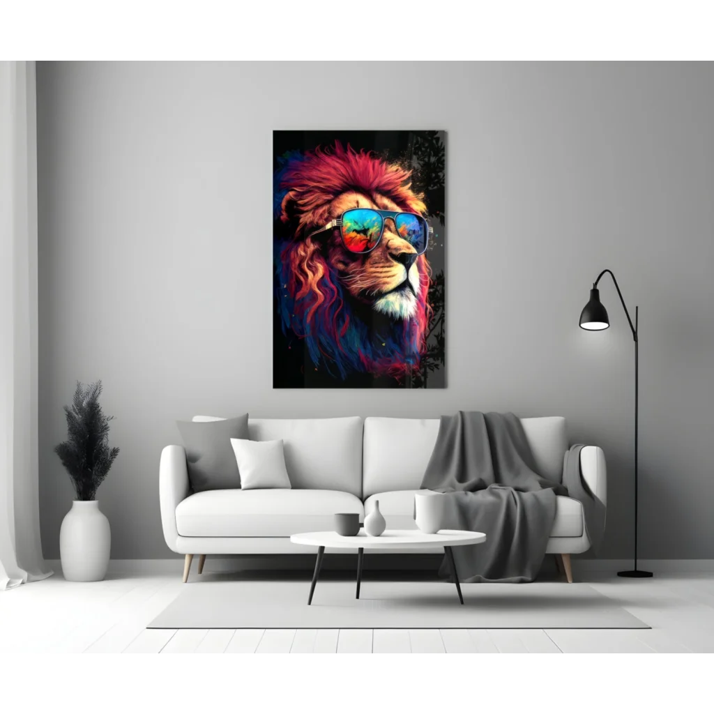 Vibrant rainbow lion glass wall art with fiery mane and tinted sunglasses