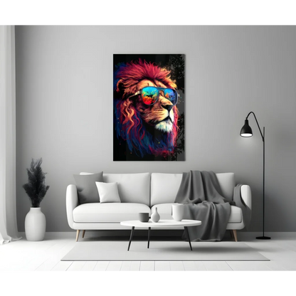 Vibrant rainbow lion glass wall art with fiery mane and tinted sunglasses