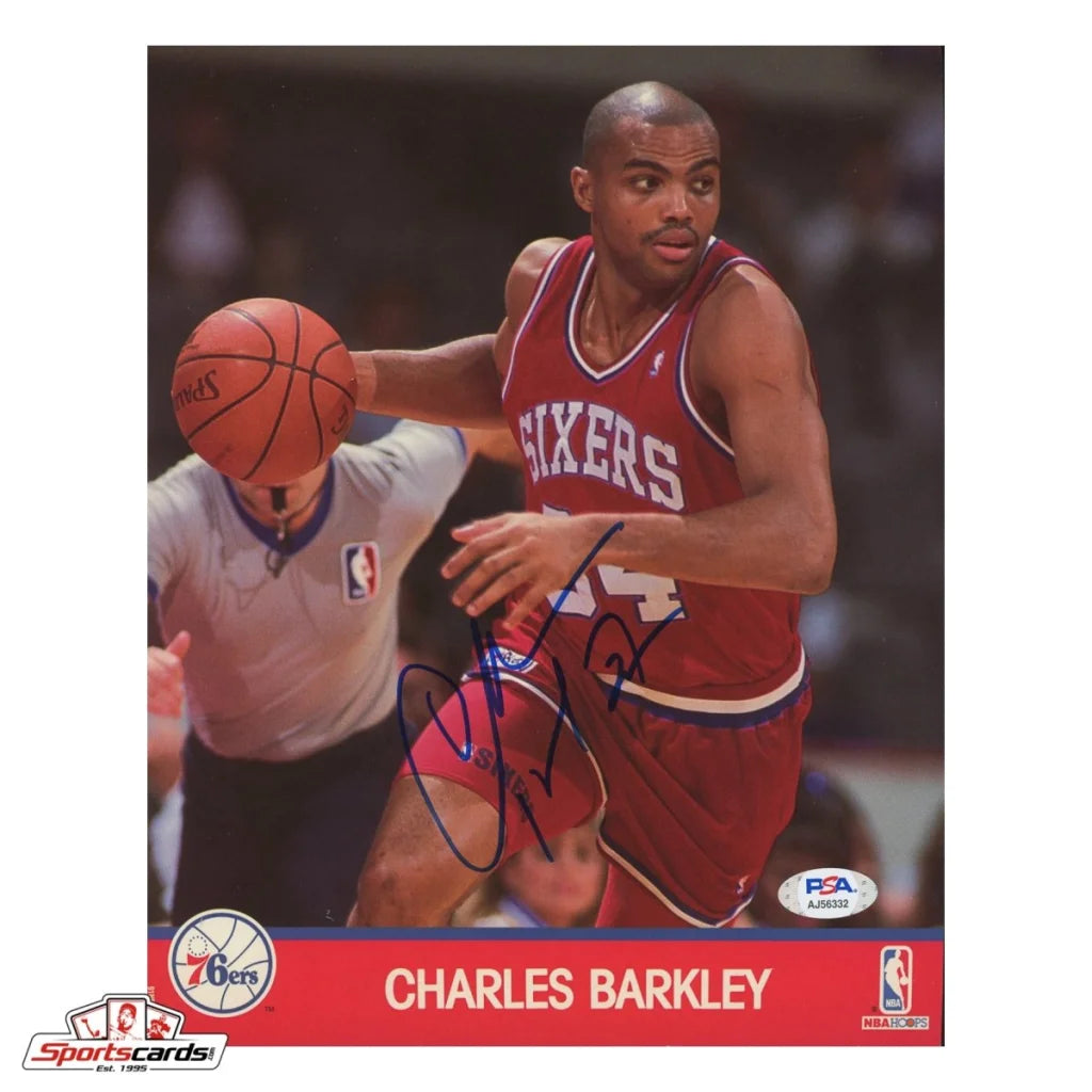 Signed Charles Barkley NBA Hoops action photo in red white Sixers jersey