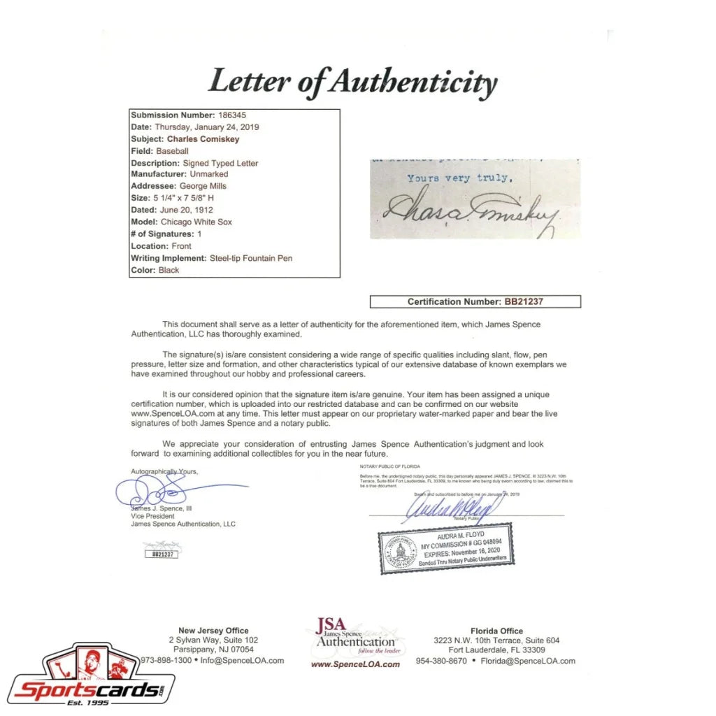 Charles Comiskey typed letter with JSA LOA authenticity