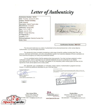 Charles Comiskey typed letter with JSA LOA authenticity
