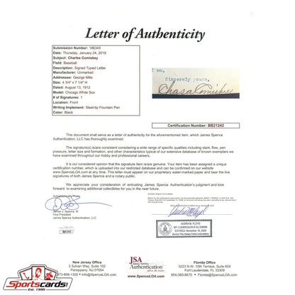 2019 Chicago White Sox jersey with Charles Comiskey typed letter and JSA LOA