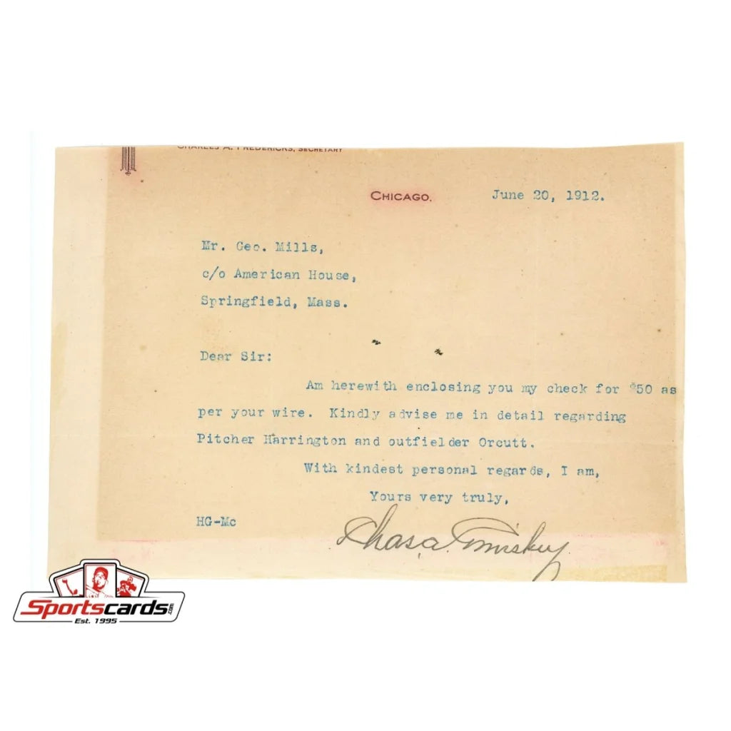 Vintage 1920s Charles Comiskey typed letter with JSA LOA