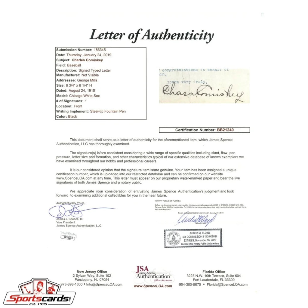 2015 Chicago White Sox Charles Comiskey typed letter with JSA LOA