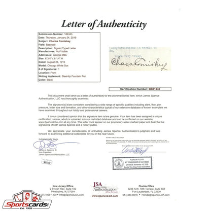2015 Chicago White Sox Charles Comiskey typed letter with JSA LOA