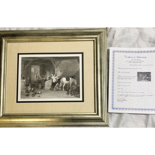 Framed monochrome print of Charles William Sharpe’s country blacksmith engraving 1860