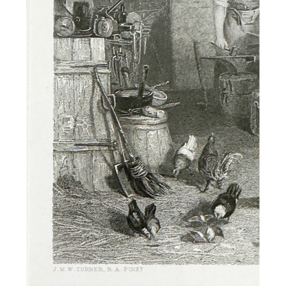 Black and white engraving of a farm scene with chickens and tools by Charles William Sharpe