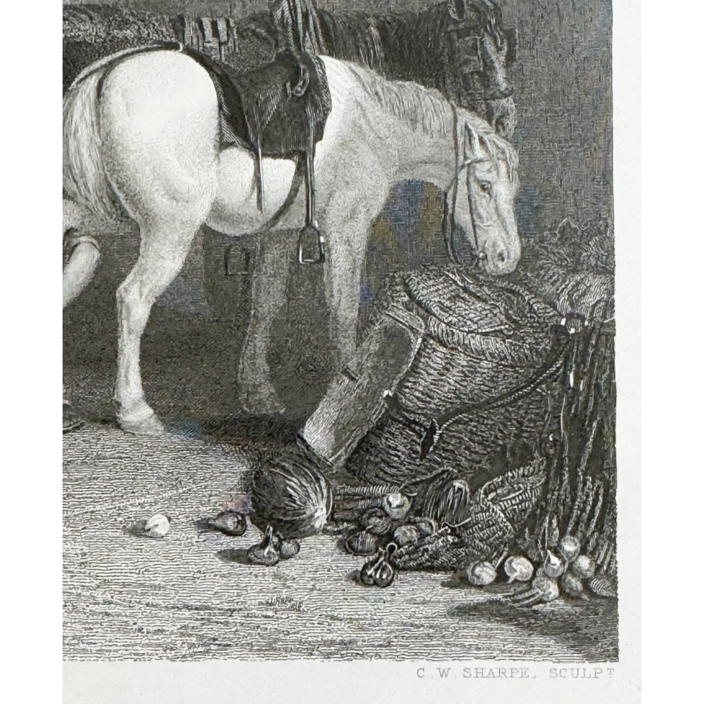 Saddled white horse grazing near produce in Charles William Sharpe country blacksmith engraving