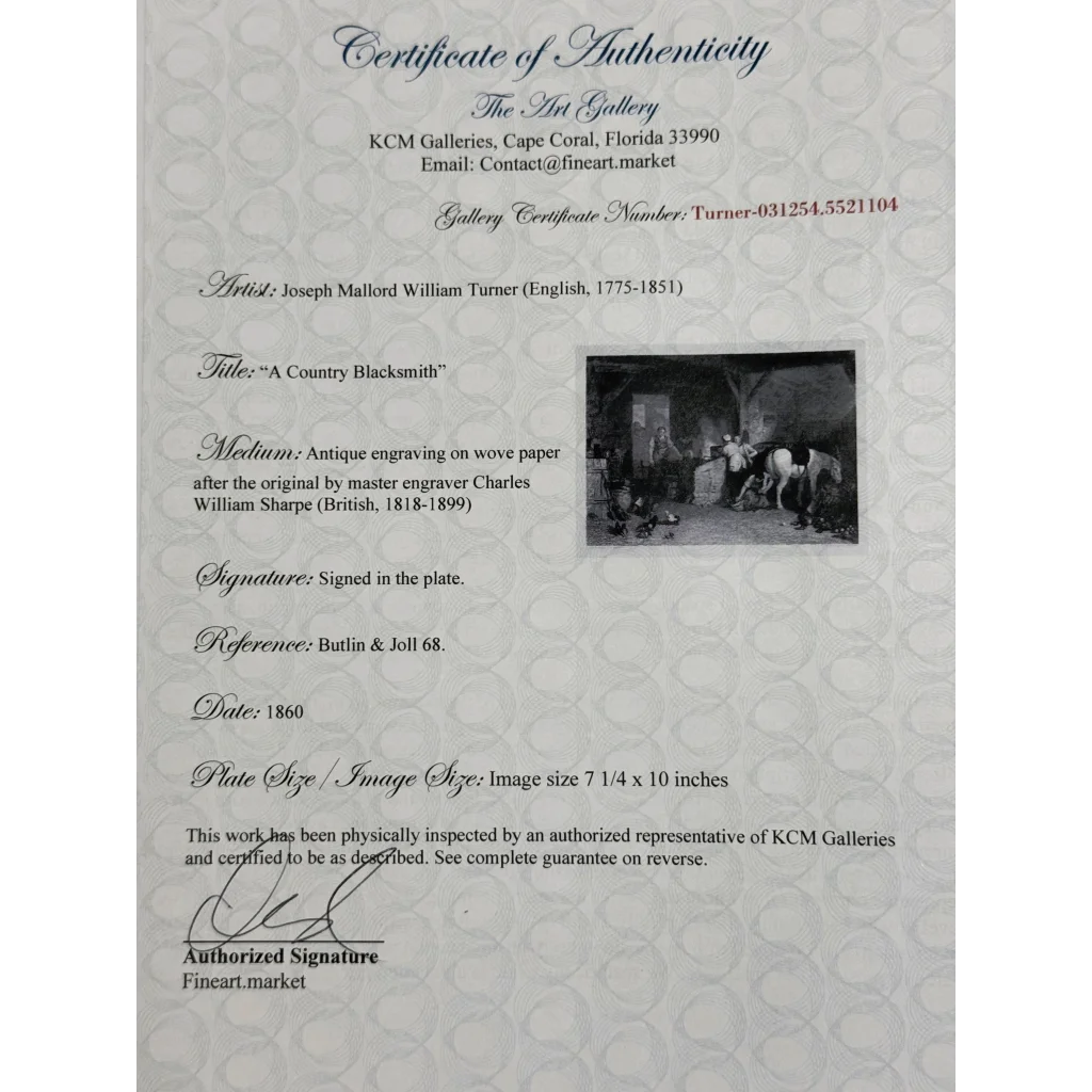 Framed certificate of authenticity for Charles William Sharpe country blacksmith engraving 1860