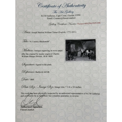 Framed certificate of authenticity for Charles William Sharpe country blacksmith engraving 1860