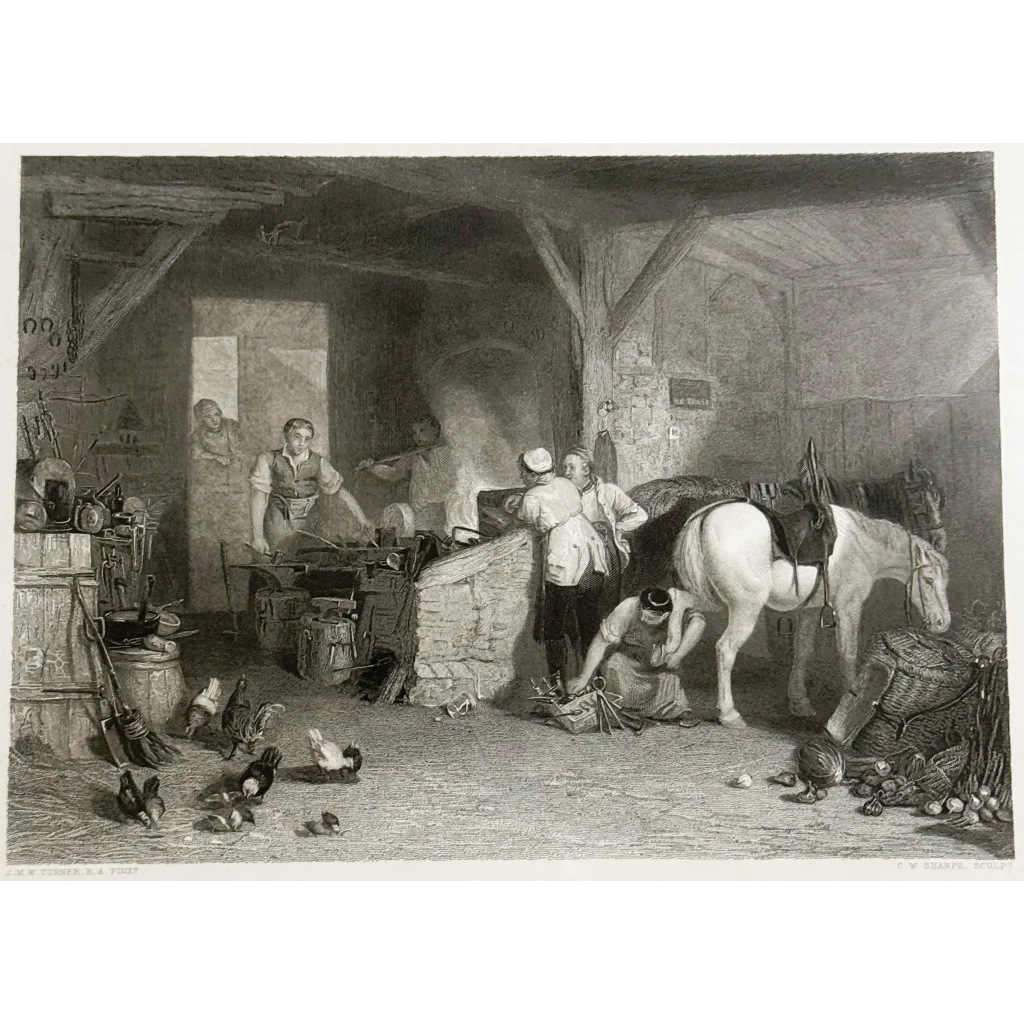 Charles William Sharpe country blacksmith engraving showing a bustling farrier’s shop