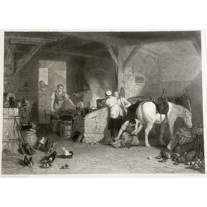 Charles William Sharpe country blacksmith engraving showing a bustling farrier’s shop