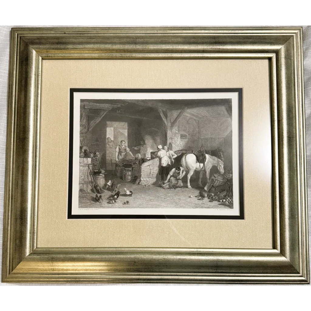 Framed Charles William Sharpe country blacksmith engraving from 1860 showing busy blacksmith shop