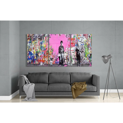 Charlie Chaplin pink graffiti triptych canvas wall art
