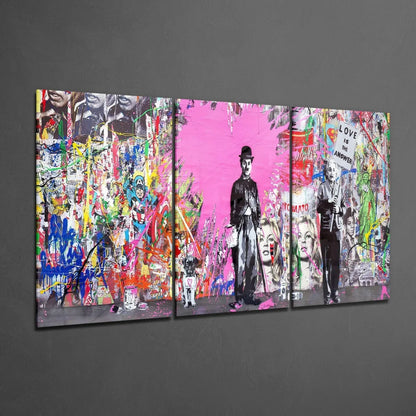 Charlie Chaplin in black suit on pink graffiti triptych wall art