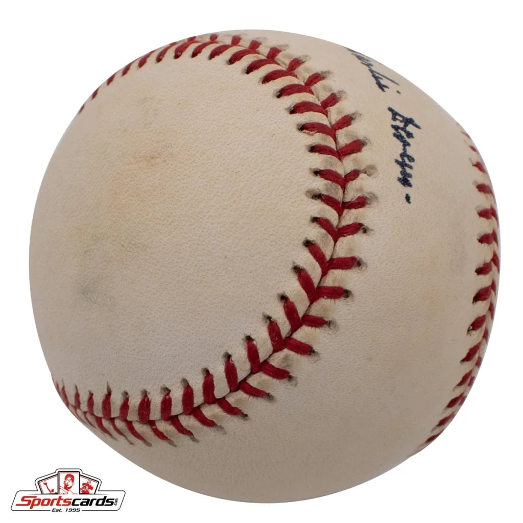 Charlie Devens signed baseball with red stitching and sportscards logo