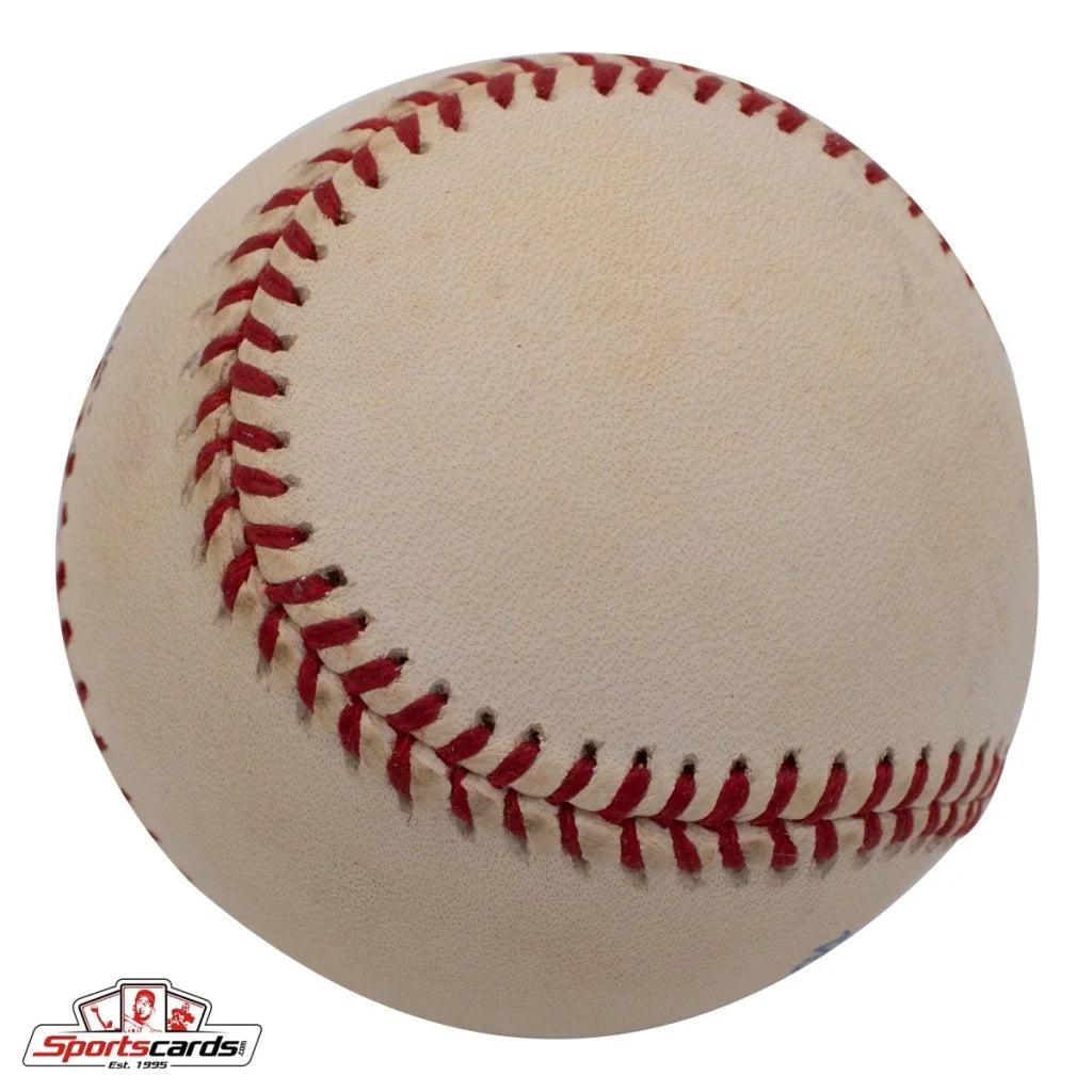 Charlie Devens signed baseball with red stitching and Sportscards logo
