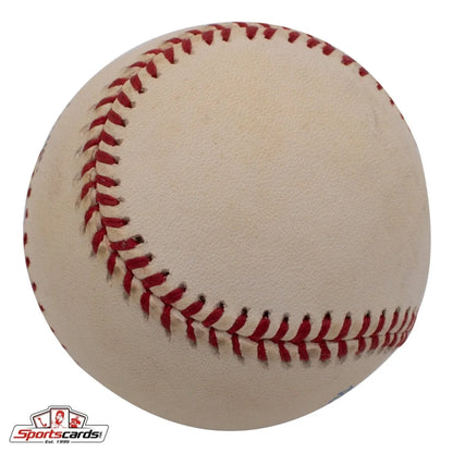 Charlie Devens signed baseball with red stitching and Sportscards logo