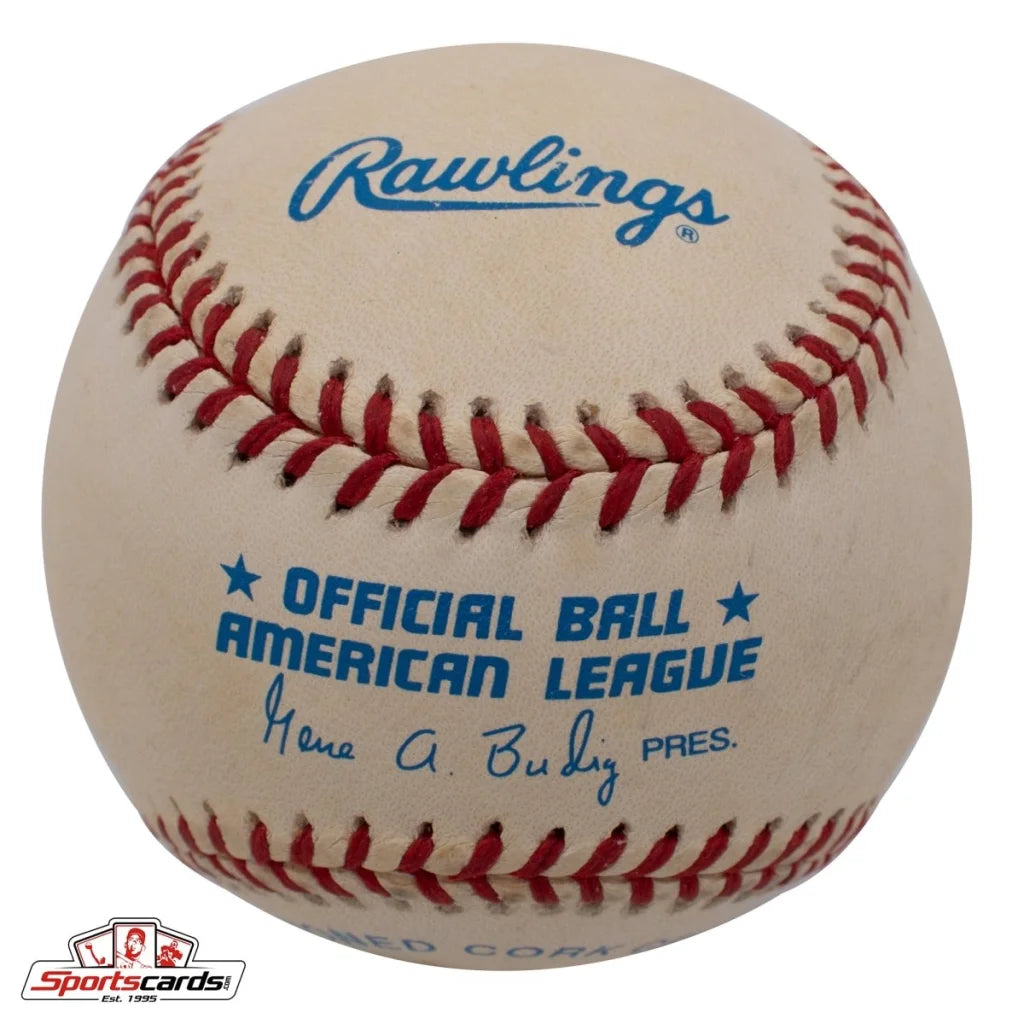 Charlie Devens signed baseball with red stitching and blue text