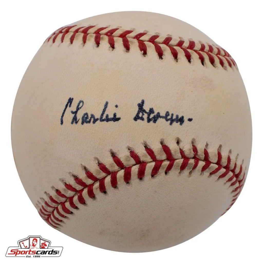 Charlie Devens signed baseball with red stitching and white leather