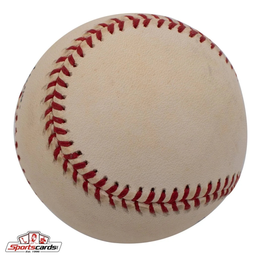 Classic white Charlie Devens signed baseball with red stitching