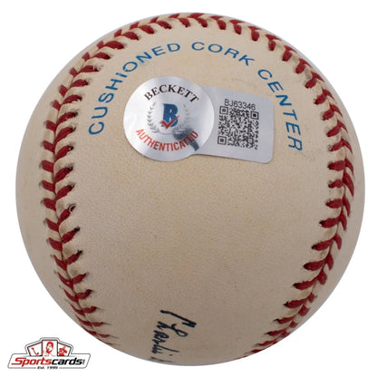 Charlie Devens signed baseball with red stitching and Beckett sticker